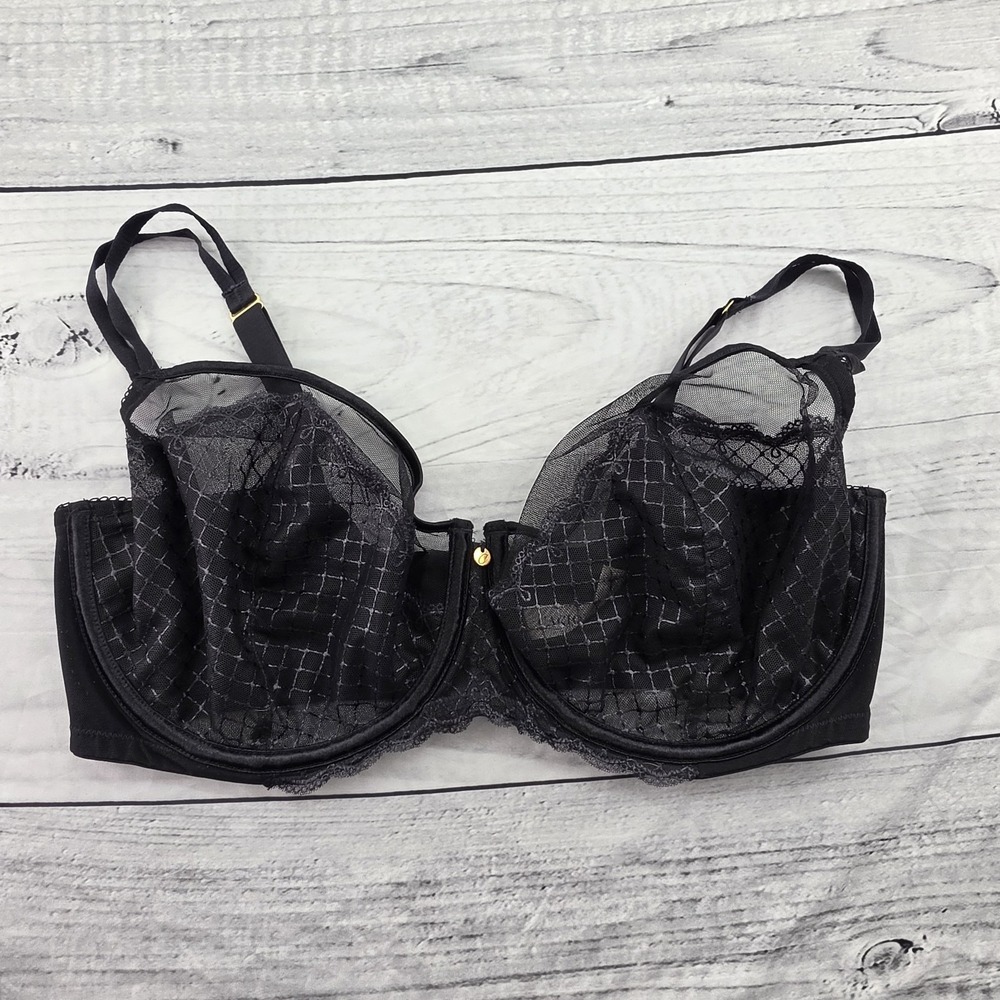 Cacique Sheer Lace Underwire Bra Black Hook Eye Closure 40F